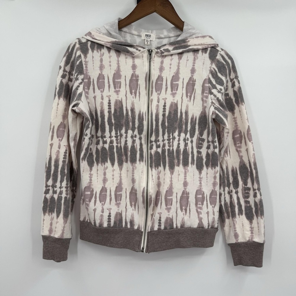 BKE Hoodie Girls XL White Full Zip Graphic Print Hooded Terry Zipper Casual